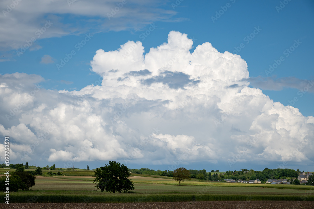 French country landscape with fields and white clouds on blu sky French country landscape with fields and white clouds on blu sky