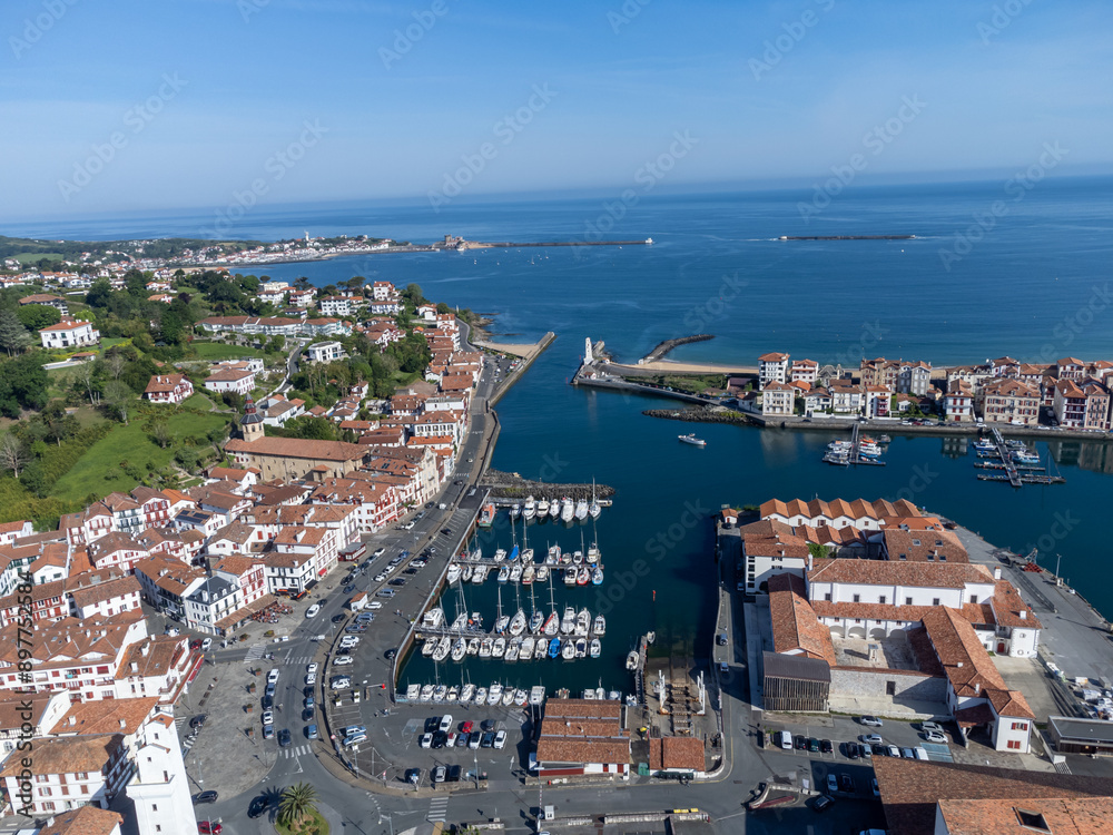 Obraz premium Aerial view on Ciboure and Saint Jean de Luz bay, port, sandy beach on Basque coast, beautiful architecture, nature and cuisine, South of France, Basque Country