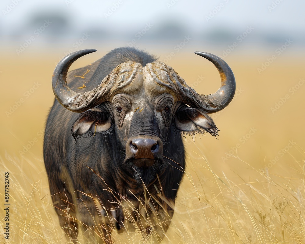 Majestic Cape Buffalo in Natural Habitat - Powerful Horned African Wildlife in Grassland Setting Majestic Cape Buffalo in Natural Habitat - Powerful Horned African Wildlife in Grassland Setting