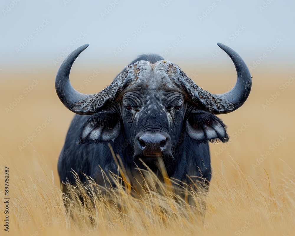 Majestic Cape Buffalo in Tall Grass - Strong African Safari Wildlife with Massive Horns and Muscular Body Majestic Cape Buffalo in Tall Grass - Strong African Safari Wildlife with Massive Horns and Muscular Body