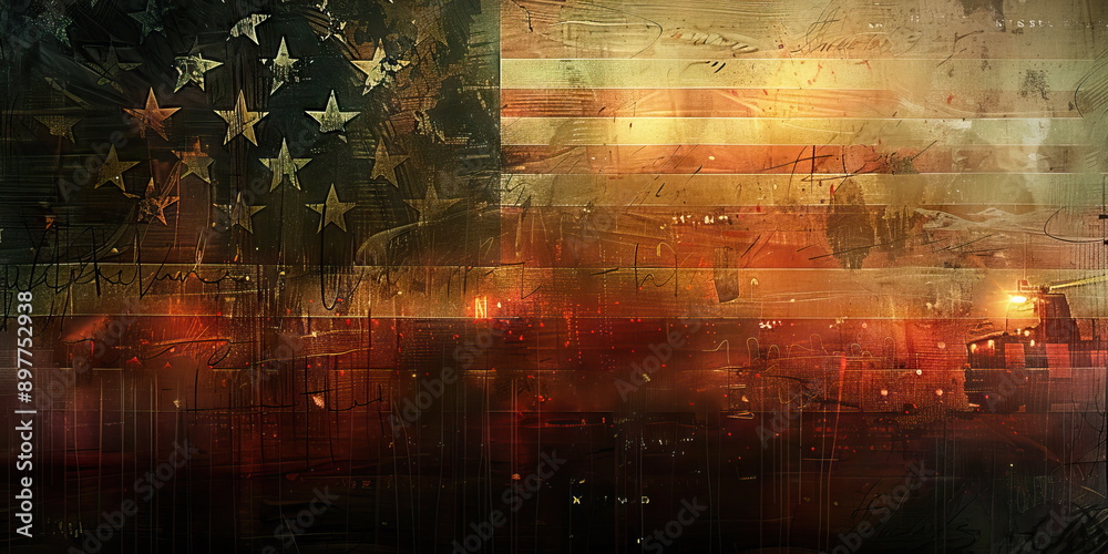 Fototapeta premium Faded Star: A worn-out American flag, flickering streetlights, and a distant siren.