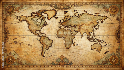 Vintage distressed cartographic illustration of an ancient world map with ornate borders, faded colors, and intricate details in a beautiful vector format.