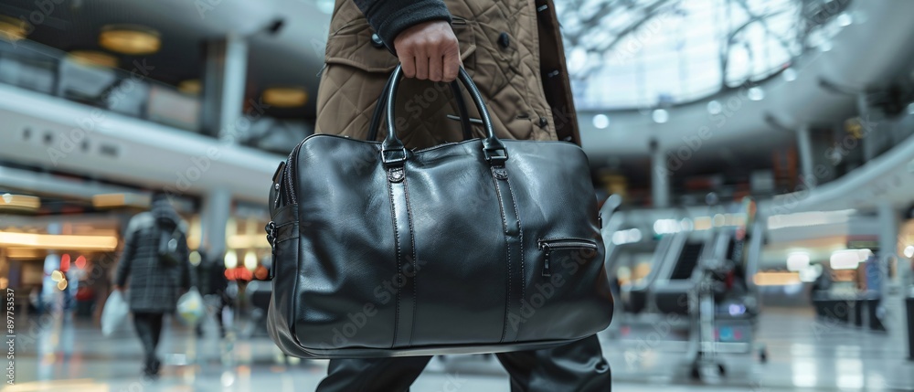 Man with leather travel bag in airport. Man with leather travel bag in airport.