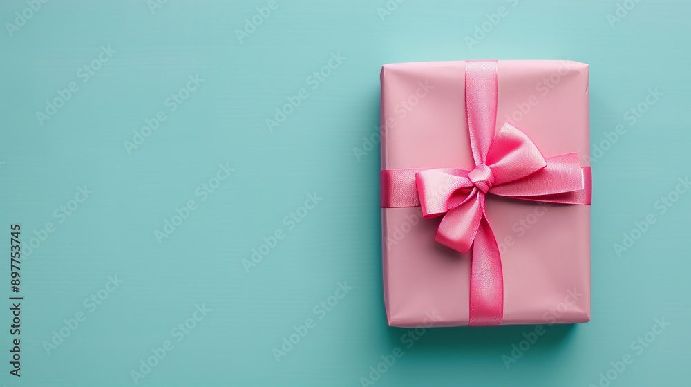 Beautiful Pink Gift Box with Ribbon on Light Blue Background Beautiful Pink Gift Box with Ribbon on Light Blue Background