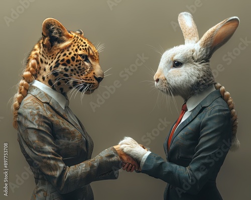 Dynamic Duo in the Boardroom: Leopard-headed Businesswoman and Bunny-headed Businesswoman Shaking Hands in Corporate Unity