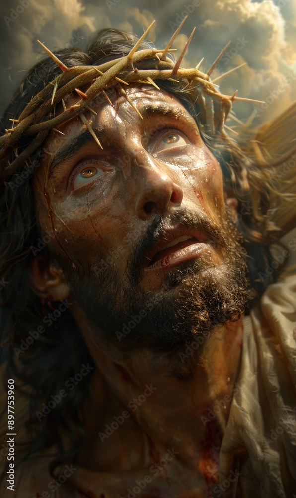 Path to calvary: Jesus Christ carrying a heavy cross to Golgotha, his weary face revealing suffering and fatigue, capturing the solemnity and sacrifice of this pivotal moment Path to calvary: Jesus Christ carrying a heavy cross to Golgotha, his weary face revealing suffering and fatigue, capturing the solemnity and sacrifice of this pivotal moment