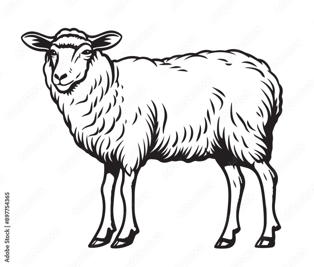 Fototapeta premium Hand drawn standing sheep in sketch style. Wool, lamb symbol. Farm animal vintage vector illustration