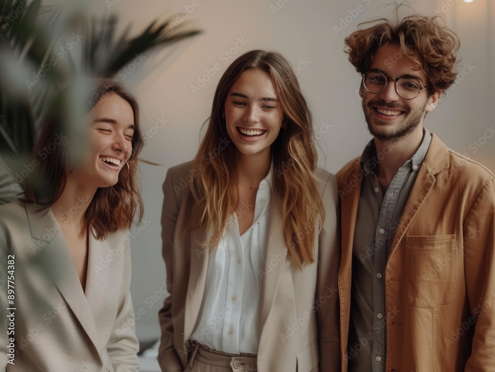 Three cheerful professionals in stylish suits share a joyful moment, showcasing teamwork and collaboration in a modern office setting. Three cheerful professionals in stylish suits share a joyful moment, showcasing teamwork and collaboration in a modern office setting.