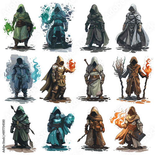 Vector set of medieval characters in different poses and costumes. Set of medieval characters