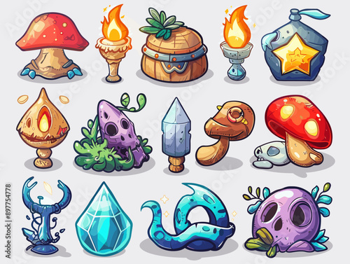 Cartoon magic Game objects set. Vector illustration of cartoon magic objects