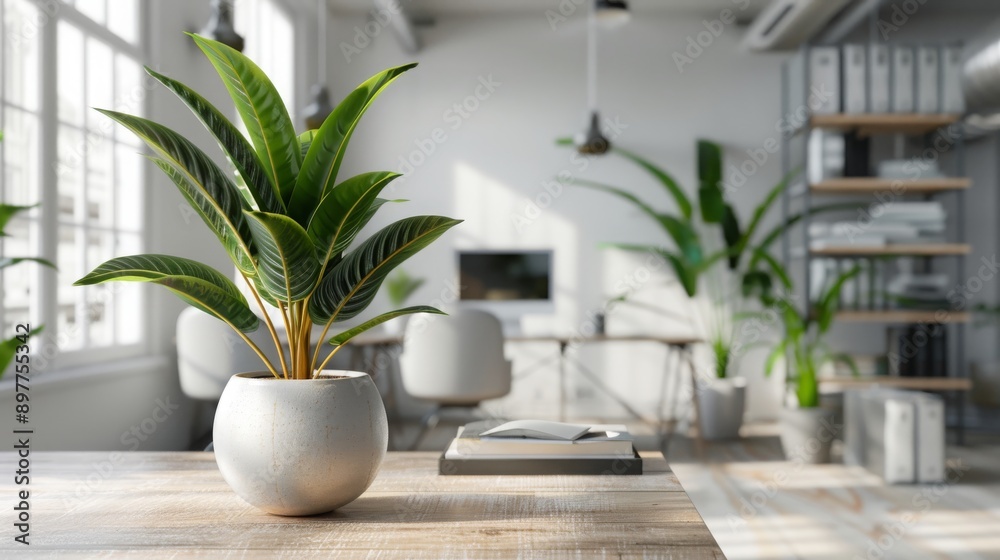 Green Plant in a White Pot on a Wooden Table in a Modern Office Green Plant in a White Pot on a Wooden Table in a Modern Office