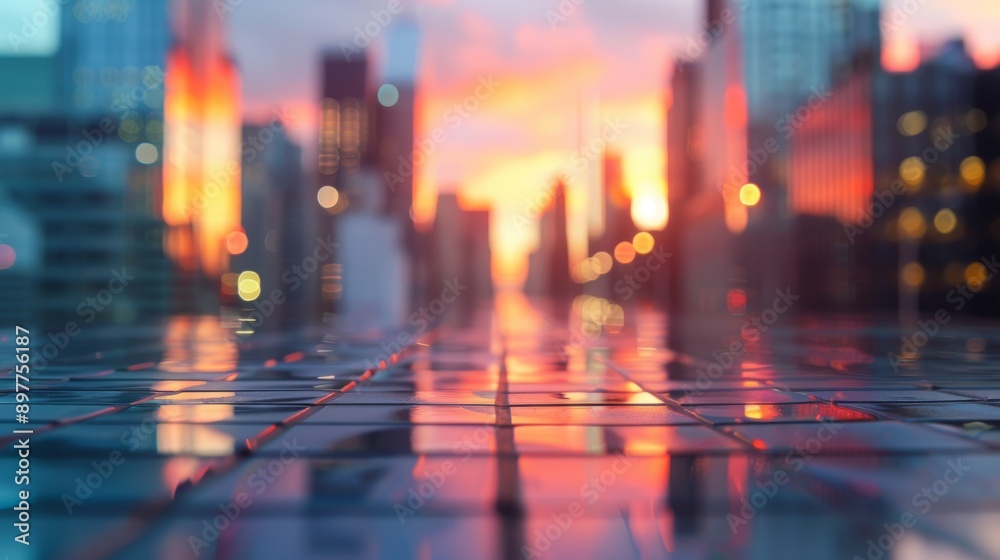 Sunset Cityscape Reflected on a Wet Pavement