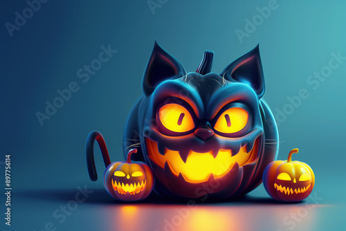 3d cartoon illustration of a funny spooky black pumpkin-cat