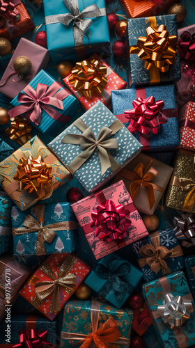 Obraz na płótnie blue background with christmas and new year gift boxes adorned with colorful bows w salonie
