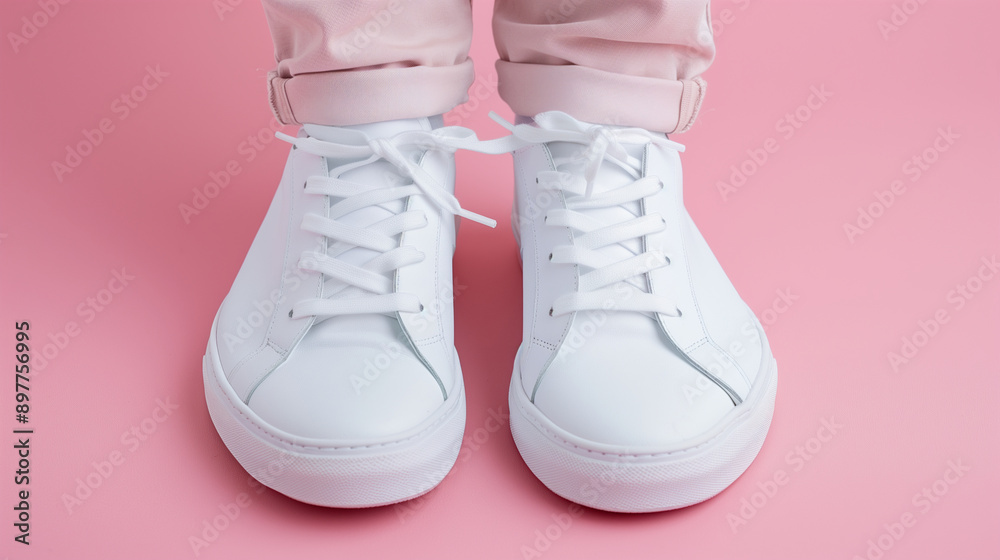 Simple and clean image of white sneakers worn on crossed legs, footwear, casual
