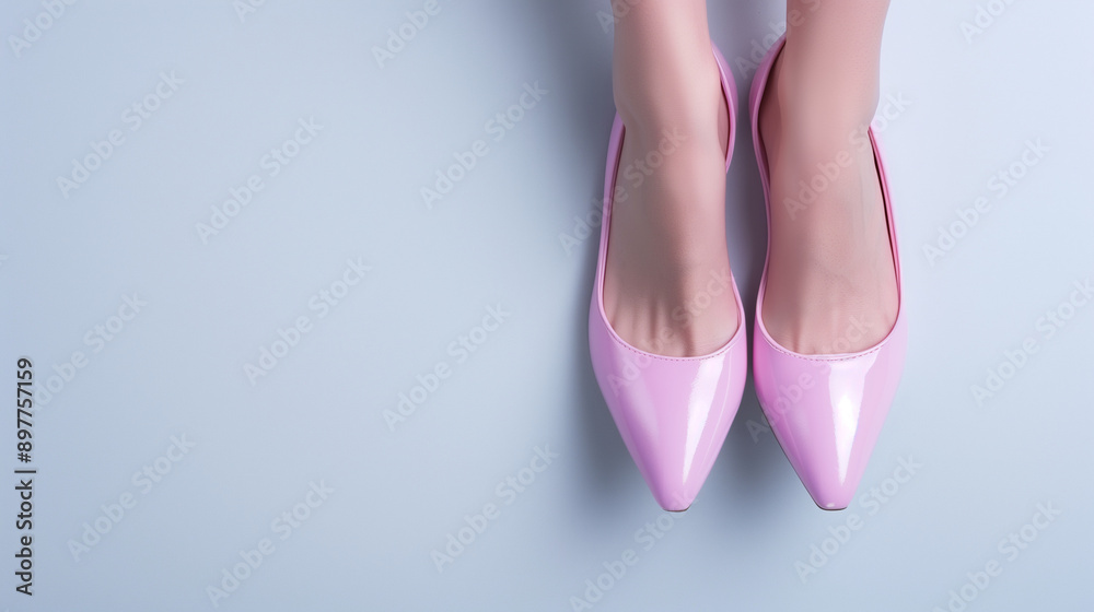 Minimalist image of pink high heels on crossed legs against a plain white background, elegant, footwear