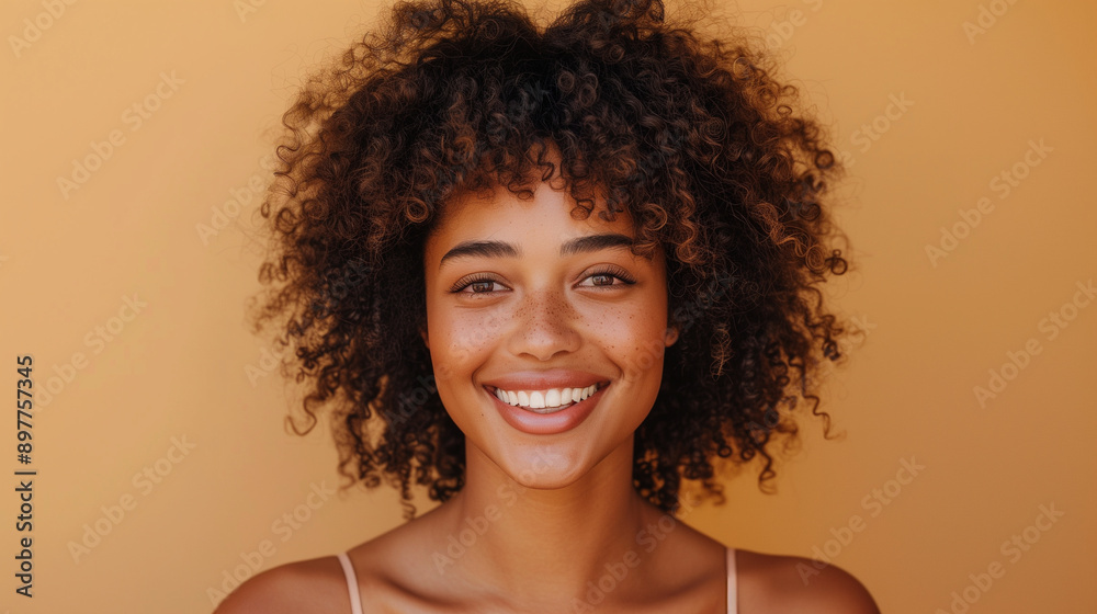 Cheerful woman with curly hair and a glowing smile against a clean beige backdrop, beauty, portrait Cheerful woman with curly hair and a glowing smile against a clean beige backdrop, beauty, portrait