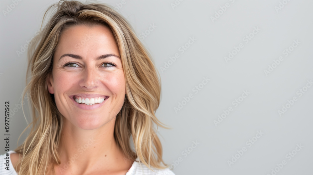 Close-up of a smiling woman with voluminous blonde hair against a simple gray background, natural, happy Close-up of a smiling woman with voluminous blonde hair against a simple gray background, natural, happy