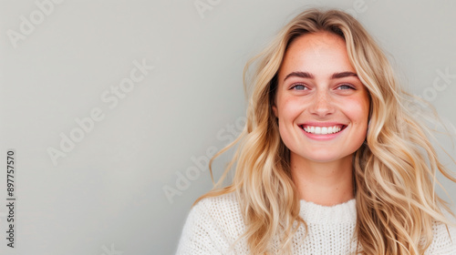 Portrait of a joyful woman with beautiful blonde hair and a bright smile on a plain gray background, cheerful, beauty
