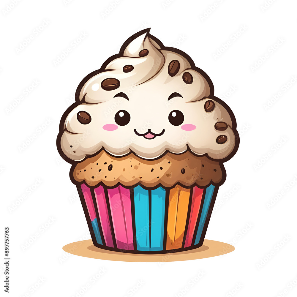 A cartoon cupcake with a white frosting and sprinkles on top A cartoon cupcake with a white frosting and sprinkles on top