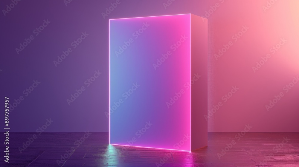 Glowing neon frame on wooden studio floor with pink and purple background lighting Glowing neon frame on wooden studio floor with pink and purple background lighting