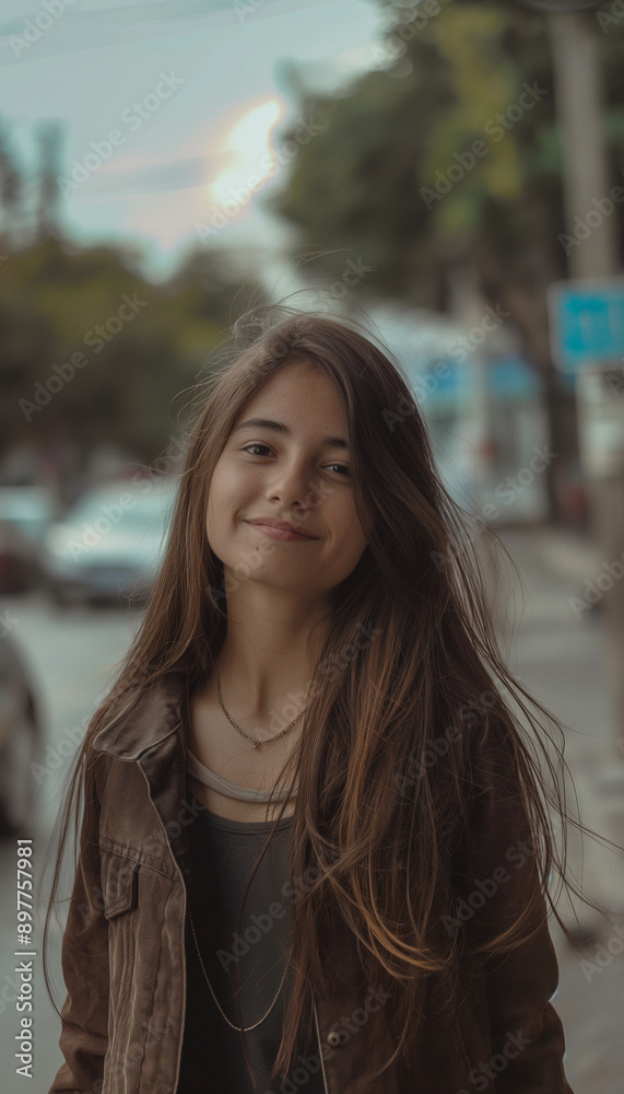 Retrato Cinematográfico de Jovem Mulher de 25 Anos com Cabelos Longos Caminhando na Rua e Sorrindo IA Retrato Cinematográfico de Jovem Mulher de 25 Anos com Cabelos Longos Caminhando na Rua e Sorrindo IA