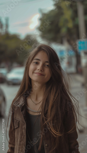 Retrato Cinematográfico de Jovem Mulher de 25 Anos com Cabelos Longos Caminhando na Rua e Sorrindo IA