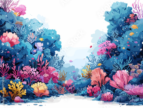 Underwater landscape with corals and tropical plants. Vector illustration
