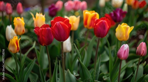 Red tulips with fully bloomed yellow white and purple centers