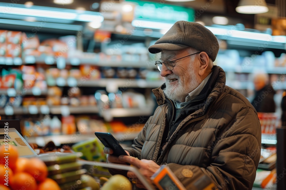 Elderly man using mobile phone to pay at grocery store Elderly man using mobile phone to pay at grocery store
