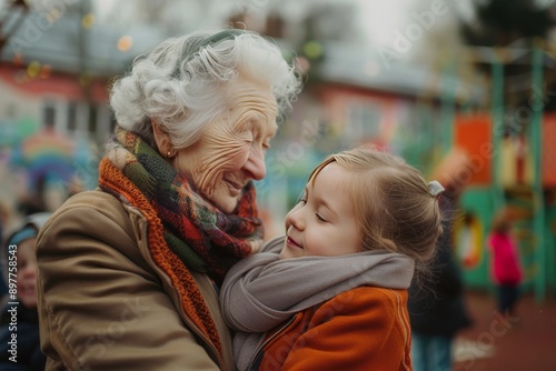 Grandmother embracing granddaughter outside school