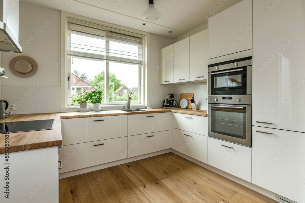 Fototapeta premium interior of modern kitchen with white walls, wooden floor and white cabinets