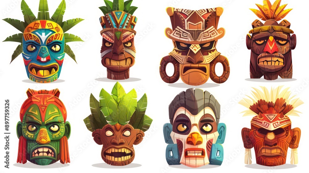 Hawaiian totem tiki mask. Hawaii or Polynesian island ancient native tribal statue head with cute scary faces. Cartoon vector set of traditional Mayan indigenous culture wooden ritual sculpture.