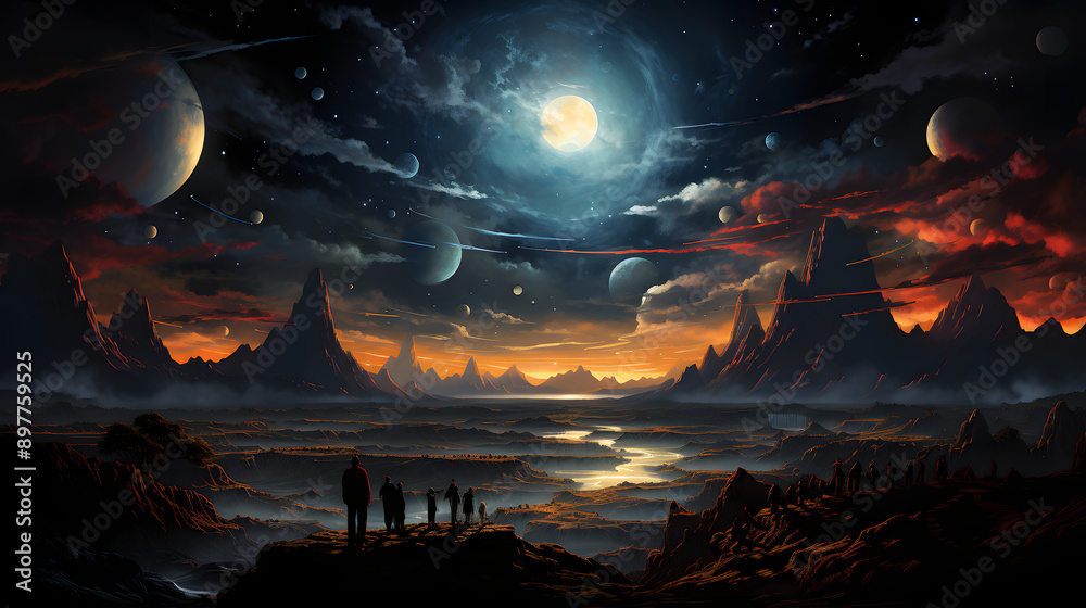 Fototapeta premium A group of figures stand on a cliff overlooking a vast, mountainous landscape. The sky is filled with stars and a large moon, and several planets are visible in the distance.