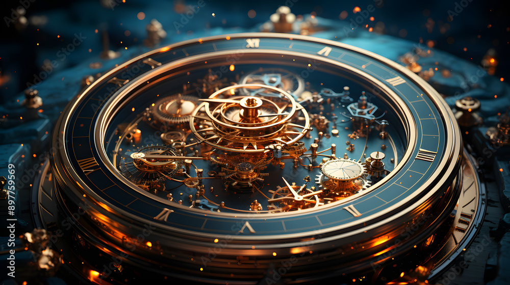 A close-up of a clock face with intricate gold gears and a black background. The clock face is illuminated by warm, flickering lights, giving it a magical and mysterious feel. A close-up of a clock face with intricate gold gears and a black background. The clock face is illuminated by warm, flickering lights, giving it a magical and mysterious feel.