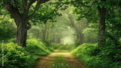 Scenic green forest path with trees