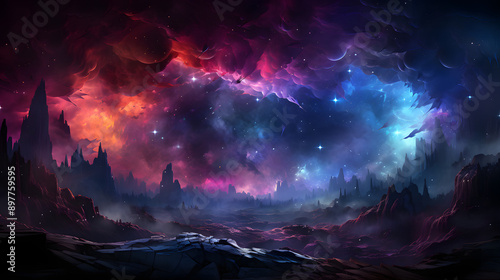 A stunning landscape with purple and red clouds and a dark, misty landscape. Stars shine bright in the sky.  © Aditya