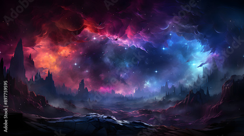 A stunning landscape with purple and red clouds and a dark, misty landscape. Stars shine bright in the sky. 