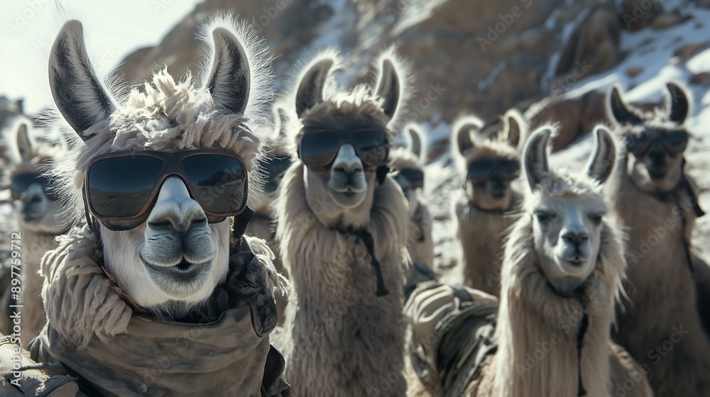 Crew of llamas looking at the camera and dressed like secret agents, some of them are wearing sunglasses Crew of llamas looking at the camera and dressed like secret agents, some of them are wearing sunglasses