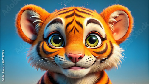 Adorable cartoon tiger's expressive face with bright orange fur, whiskers, and big smile, looking directly at viewer with big shining eyes full of curiosity. photo