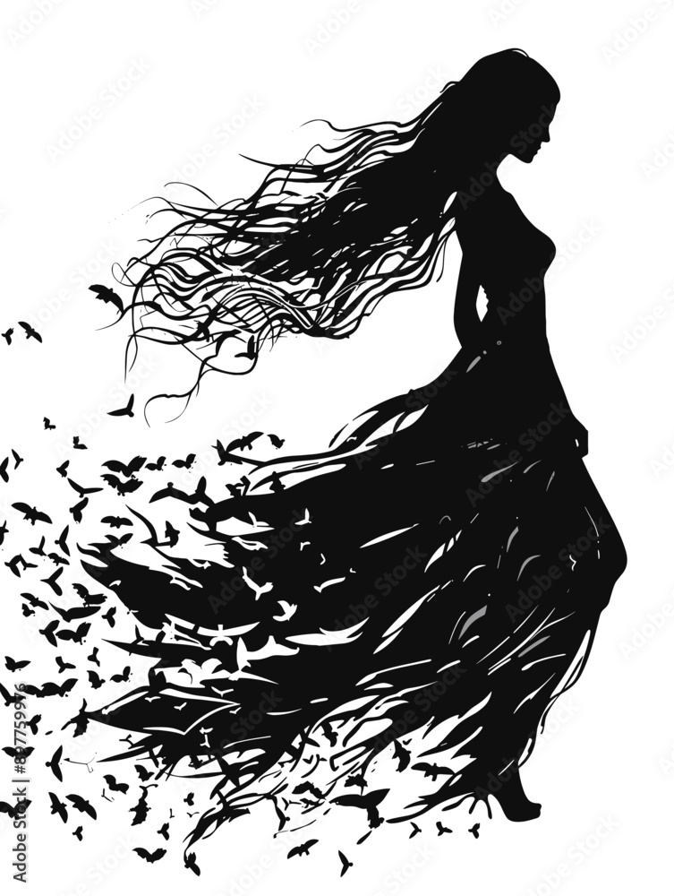 Silhouette of a beautiful girl in a long dress with flying birds. Silhouette of a beautiful girl in a long dress with flying birds.