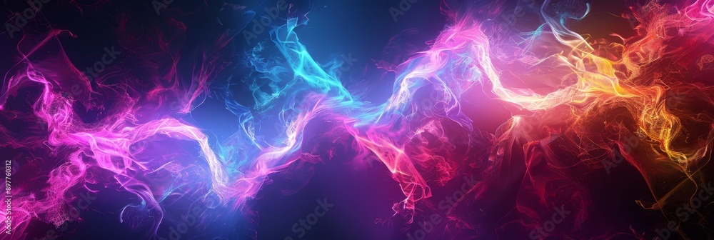 Fototapeta premium Dynamic neon light trails intertwining in dark space, creating a vibrant and energetic abstract design.