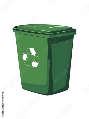 A green recycling bin with a recycling symbol on it, set against a clean, isolated background