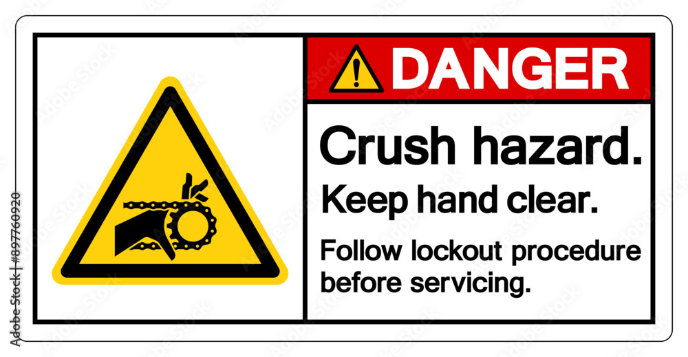 Danger Crush Hazard Keep Hand clear Follow Lockout Procedure Before Servicing Symbol Sign, Vector Illustration, Isolate On White Background Label .EPS10 Danger Crush Hazard Keep Hand clear Follow Lockout Procedure Before Servicing Symbol Sign, Vector Illustration, Isolate On White Background Label .EPS10