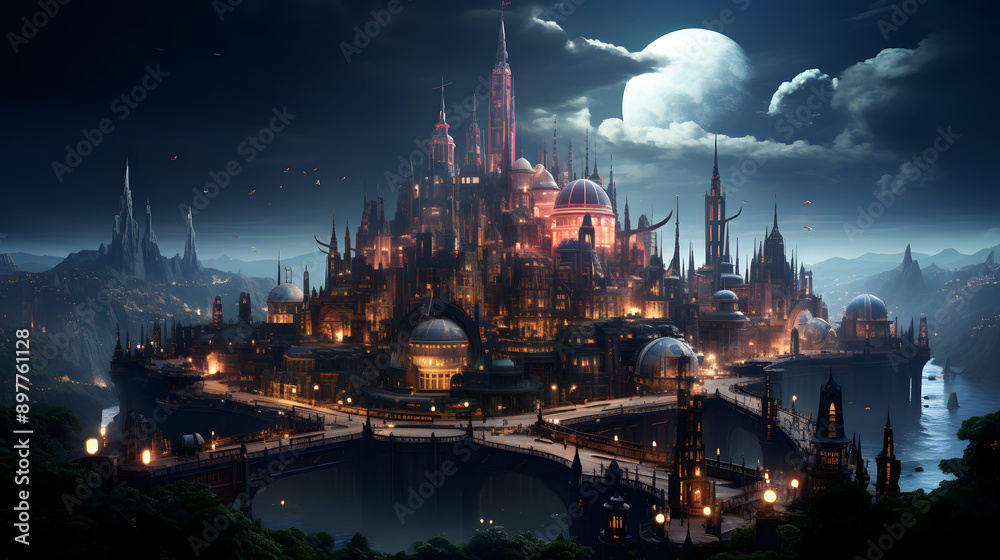 Fototapeta premium A stunning fantasy cityscape with a majestic castle bathed in the soft glow of moonbeams and streetlights, nestled among towering mountains and a flowing river.