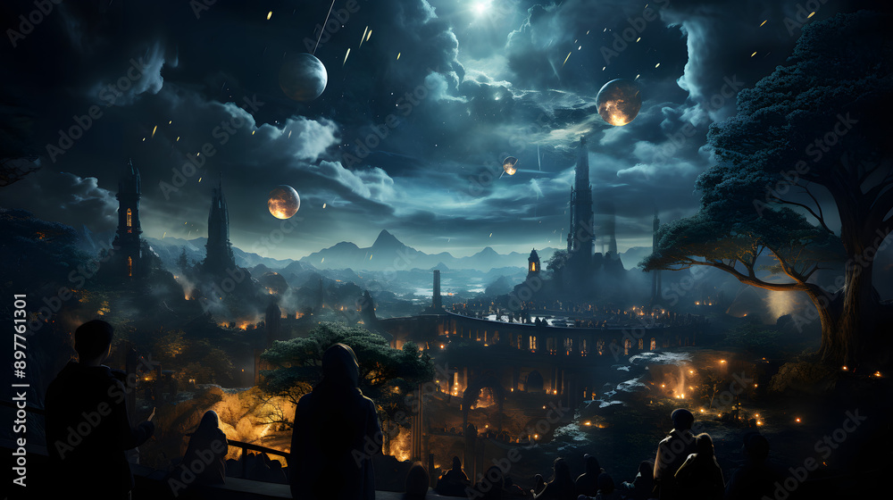 Fototapeta premium A group of people stand on a cliff overlooking a city, bathed in the warm glow of the setting sun and the reflected light of several moons. A towering, gothic spire dominates the city's skyline. 