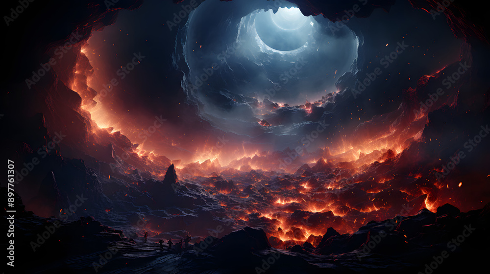 A fiery landscape with a bright, glowing light shining through a hole in a dark cave. The lava creates a vivid contrast against the dark, smoky terrain. A fiery landscape with a bright, glowing light shining through a hole in a dark cave. The lava creates a vivid contrast against the dark, smoky terrain.