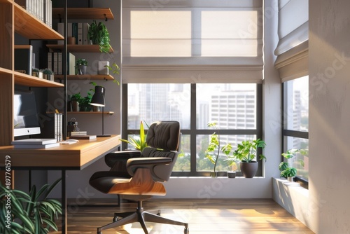 Interior of modern office with white walls, wooden floor, comfortable brown computer desk and bookcase with folders.