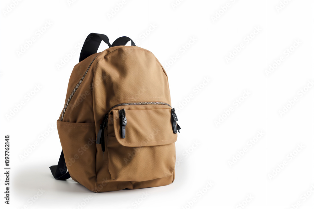 Naklejka premium School backpack with multiple pockets, khaki color, isolated on white background, back to school concept