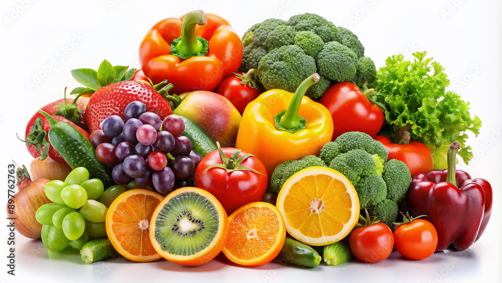 Vibrant still life arrangement of fresh colorful fruits and vegetables, including oranges, grapes, kiwi, bell peppers, and broccoli, on a white background. Vibrant still life arrangement of fresh colorful fruits and vegetables, including oranges, grapes, kiwi, bell peppers, and broccoli, on a white background.